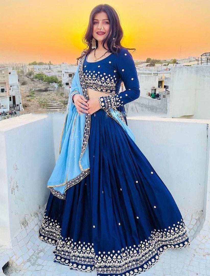 Blue georgette embroidered wedding lehenga choli