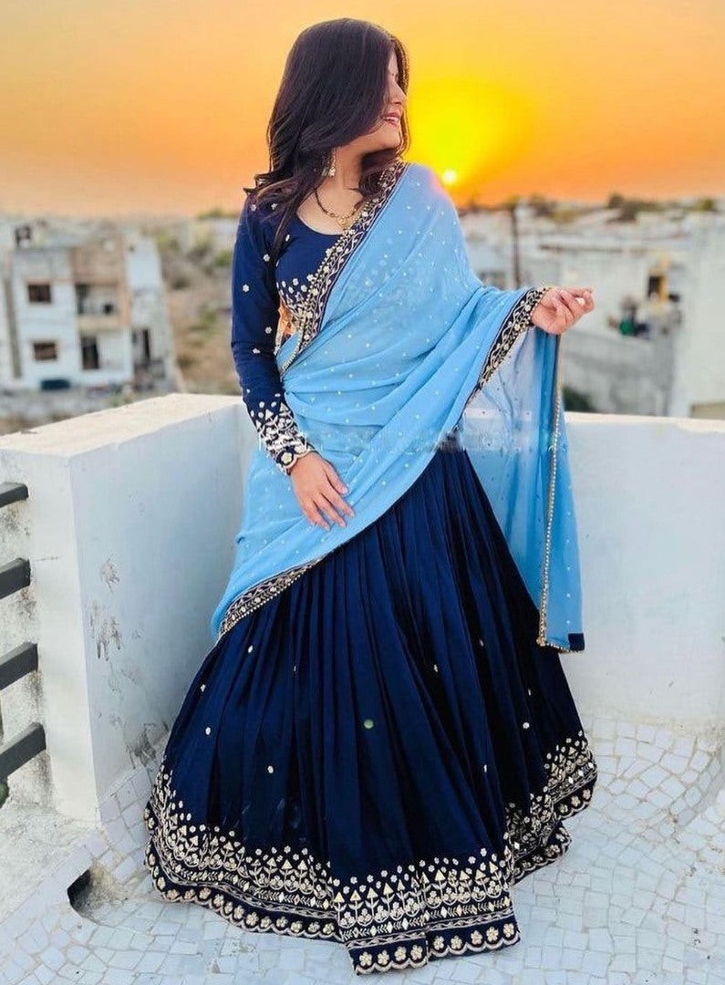 Blue georgette embroidered wedding lehenga choli