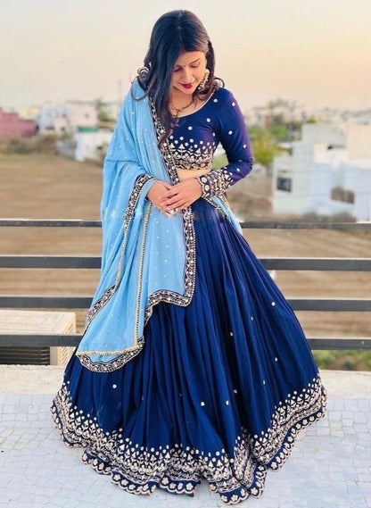 Blue georgette embroidered wedding lehenga choli