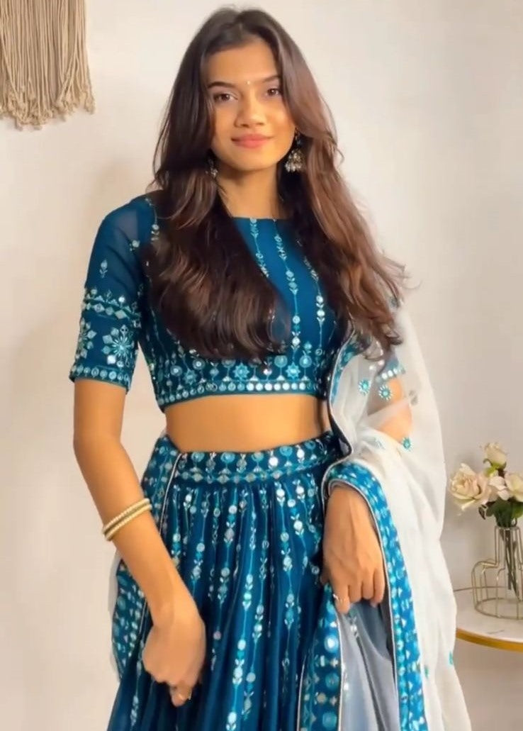 Blue georgette embroidered wedding lehenga choli