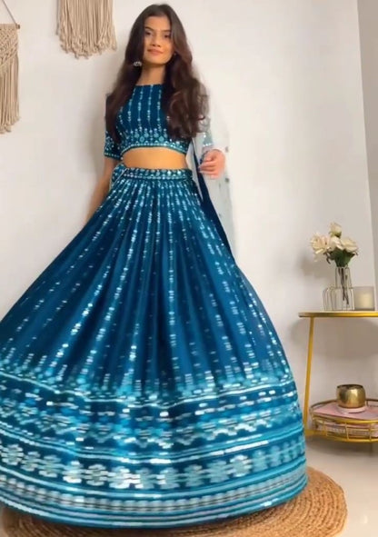 Blue georgette embroidered wedding lehenga choli