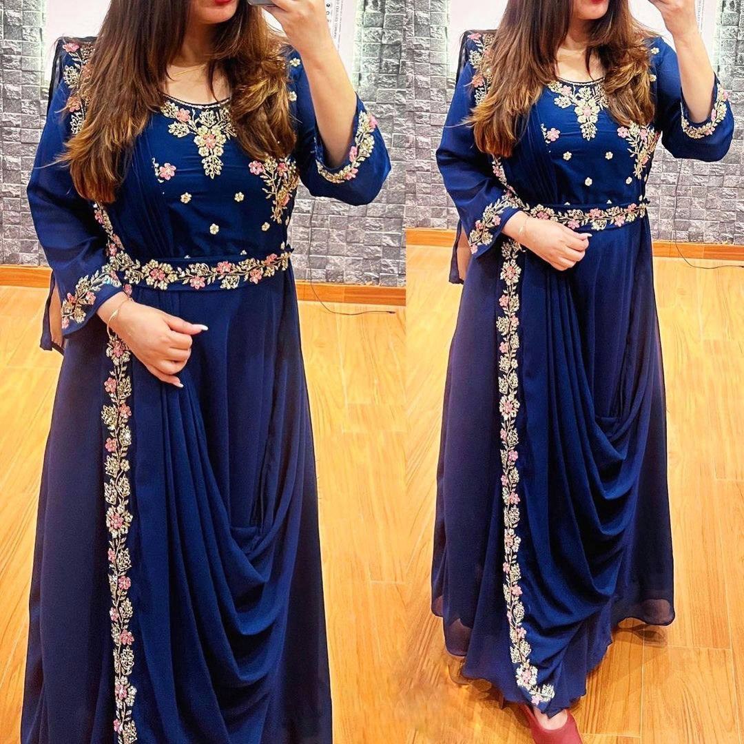 Blue georgette embroidery work party wear gown