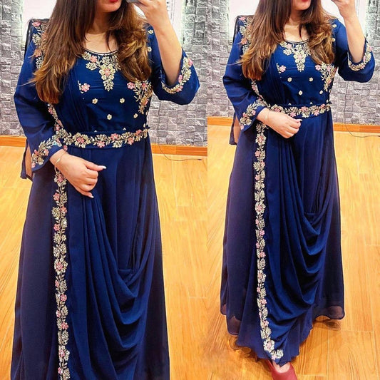Blue georgette embroidery work party wear gown