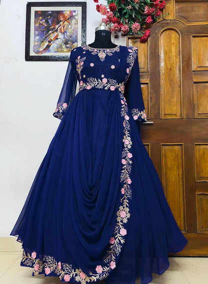 Blue georgette embroidery work party wear gown