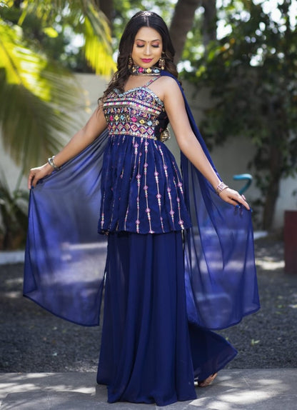 Blue georgette fancy embroidery work sharara suit