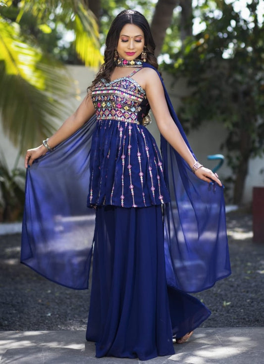 Blue georgette fancy embroidery work sharara suit