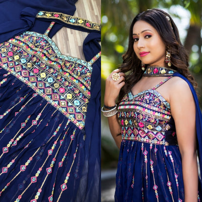 Blue georgette fancy embroidery work sharara suit