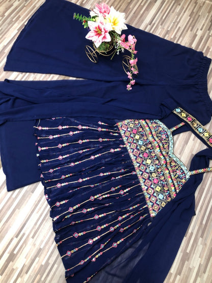 Blue georgette fancy embroidery work sharara suit