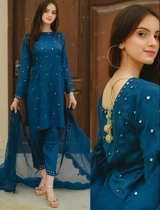 Blue georgette fancy thread and zari work salwar suit