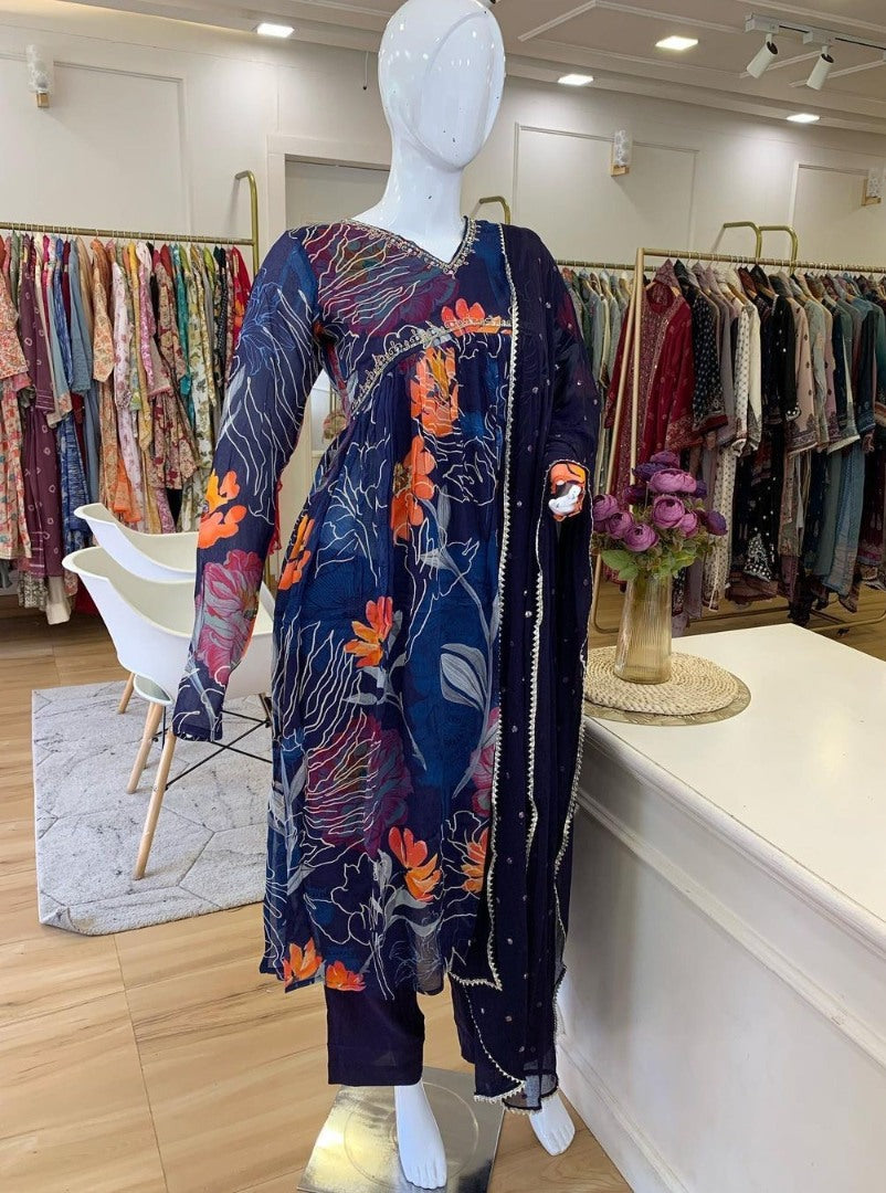 Blue georgette floral printed hand work alia cut suit