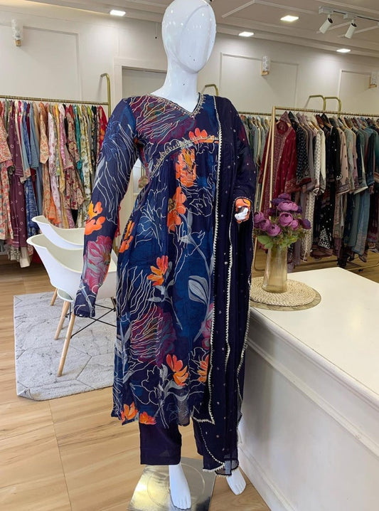 Blue georgette floral printed hand work alia cut suit