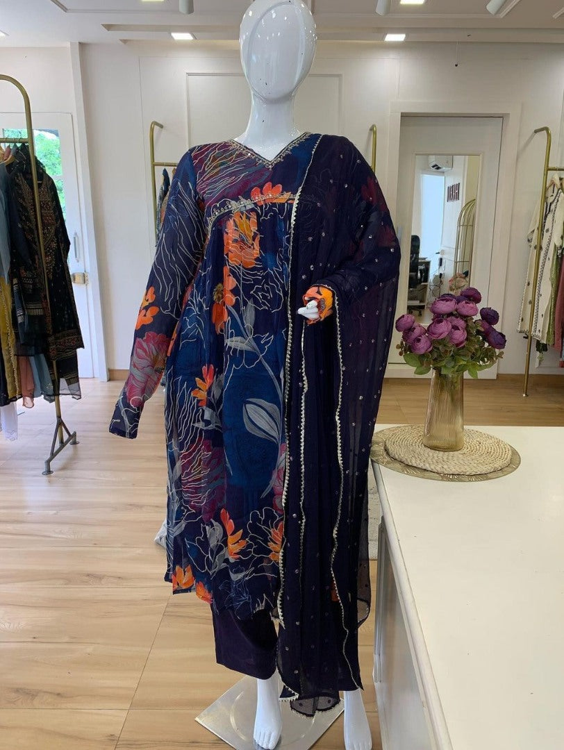 Blue georgette floral printed hand work alia cut suit