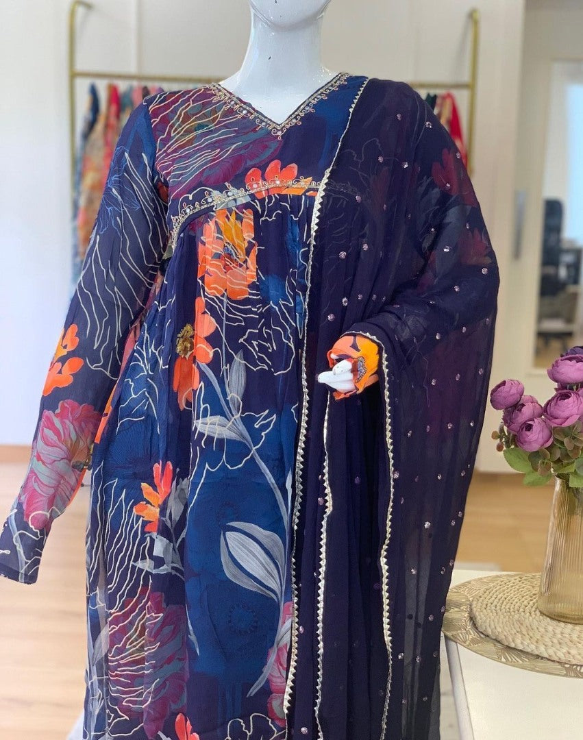 Blue georgette floral printed hand work alia cut suit