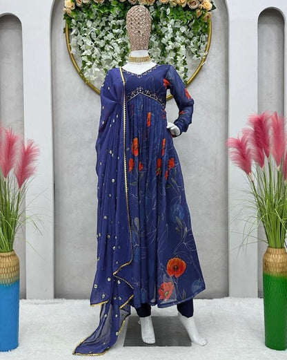 Blue georgette floral printed hand work alia cut suit