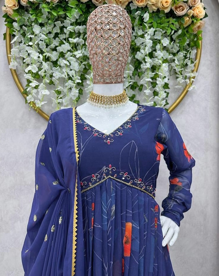 Blue georgette floral printed hand work alia cut suit