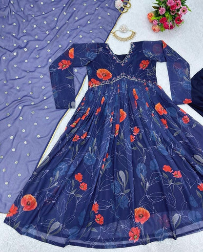 Blue georgette floral printed hand work alia cut suit