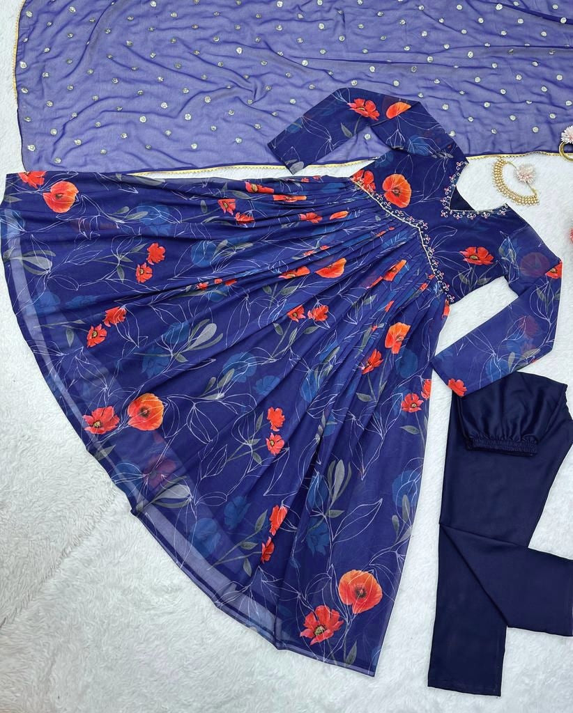 Blue georgette floral printed hand work alia cut suit
