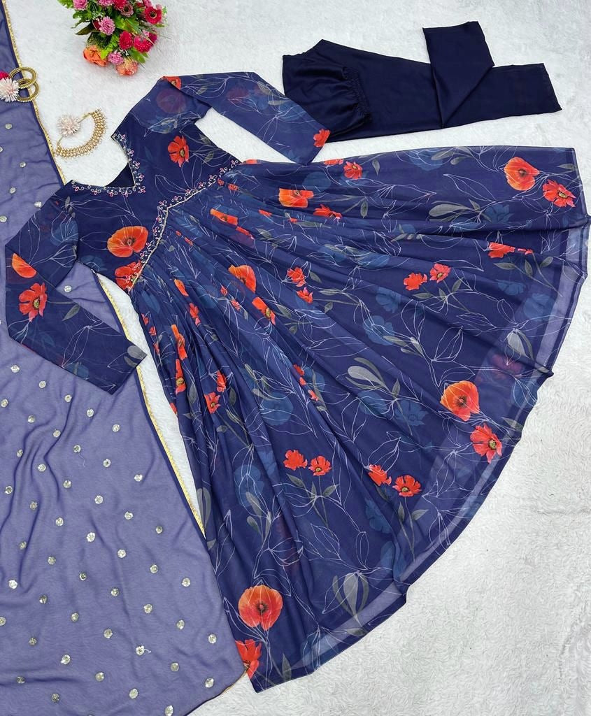 Blue georgette floral printed hand work alia cut suit