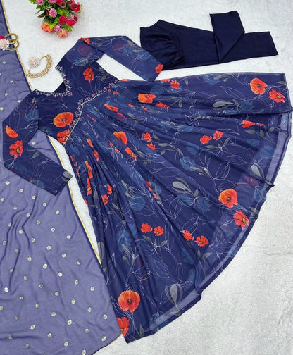 Blue georgette floral printed hand work alia cut suit