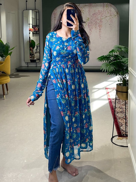 Blue georgette floral printed kurti
