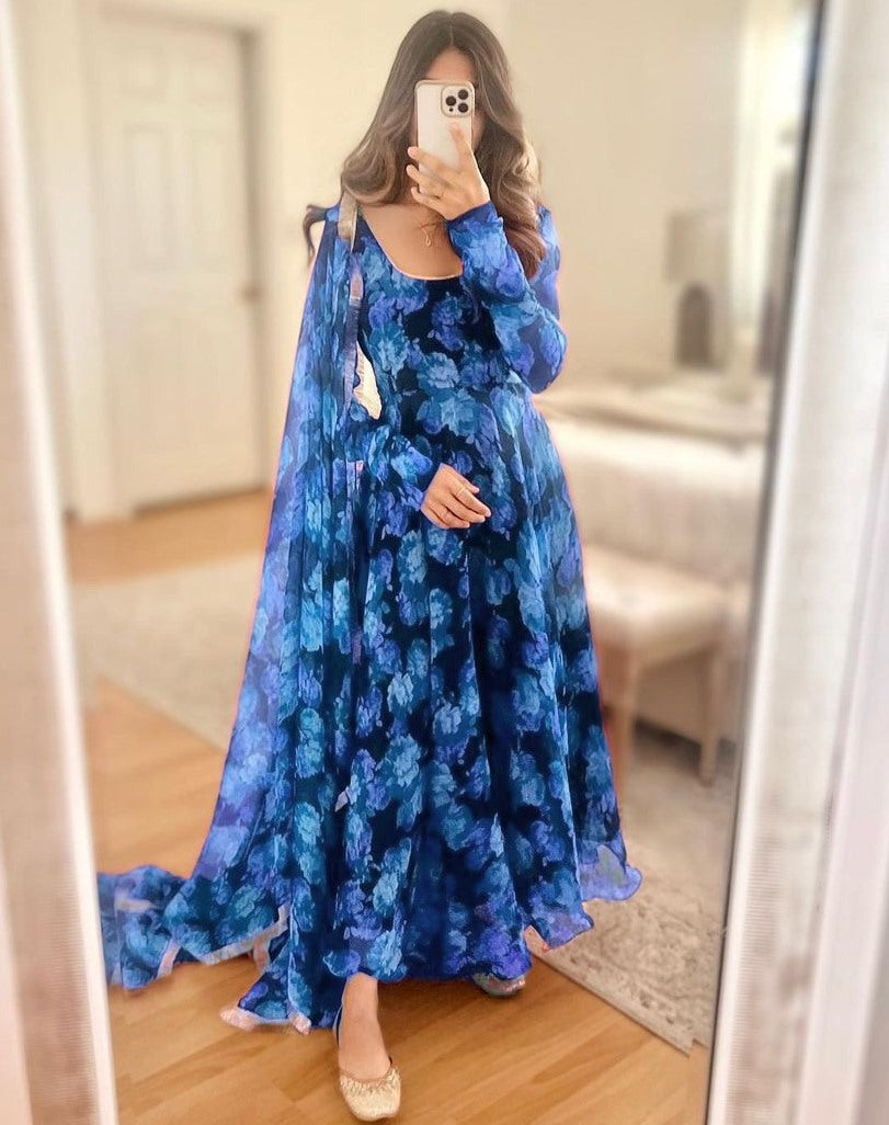 Blue georgette floral printed long anarkali suit
