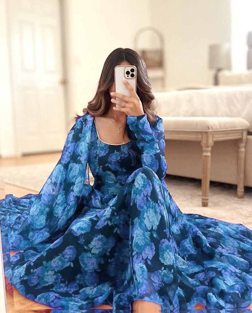 Blue georgette floral printed long anarkali suit