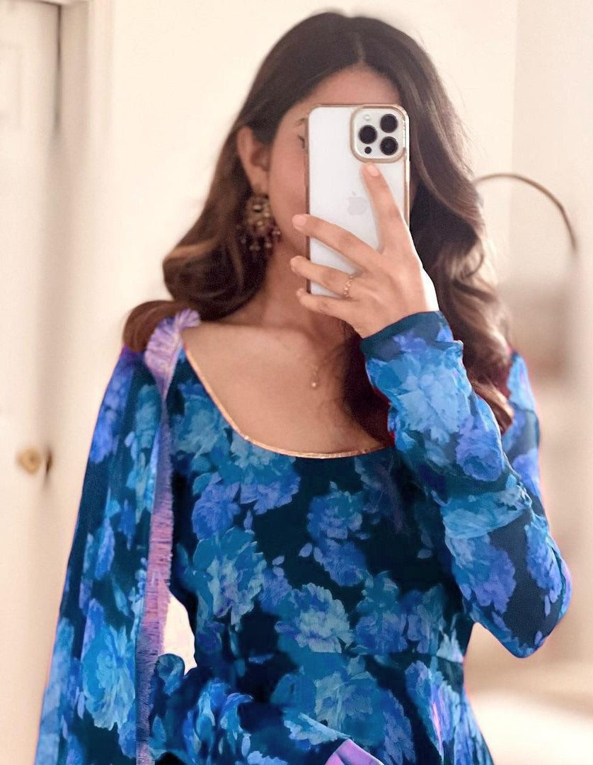 Blue georgette floral printed long anarkali suit