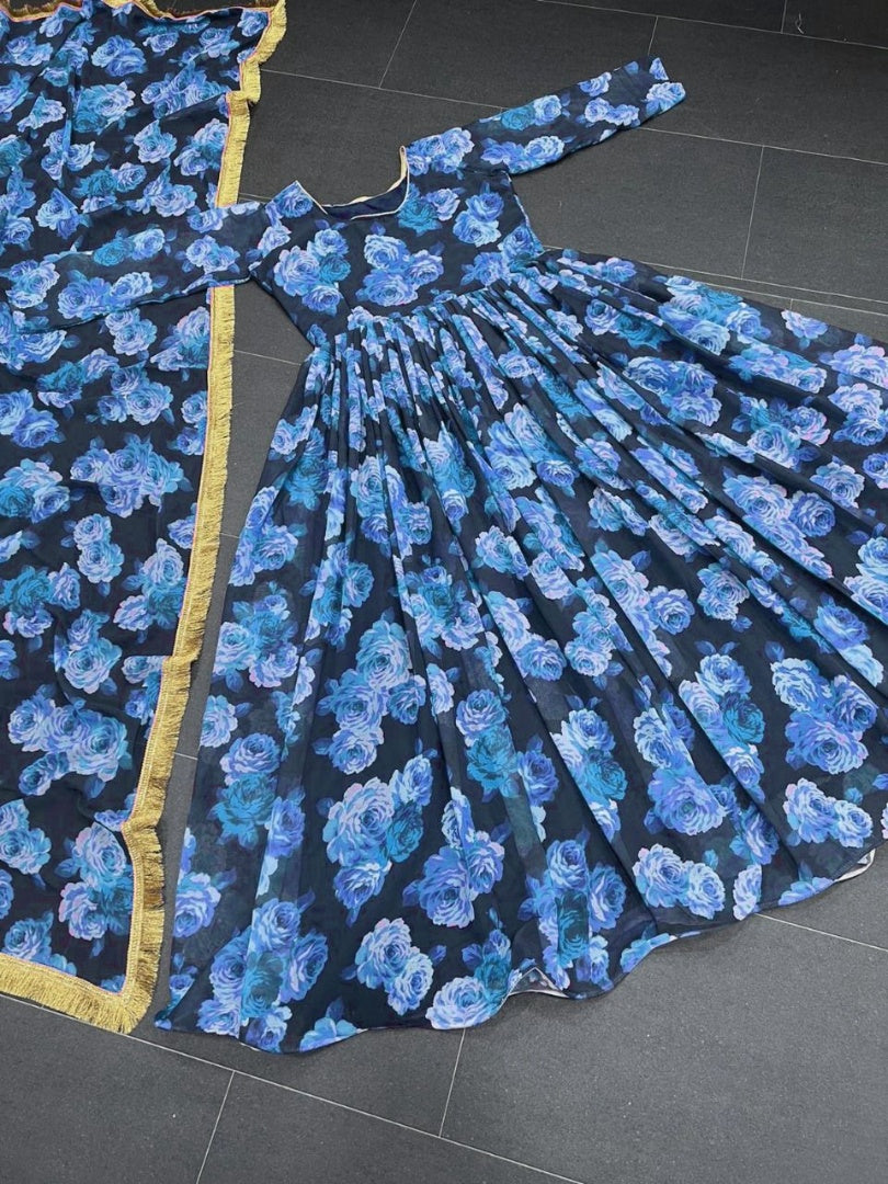Blue georgette floral printed long anarkali suit