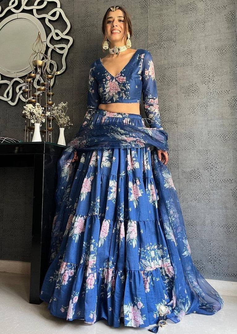 Blue georgette flower printed ruffle layer lehenga choli