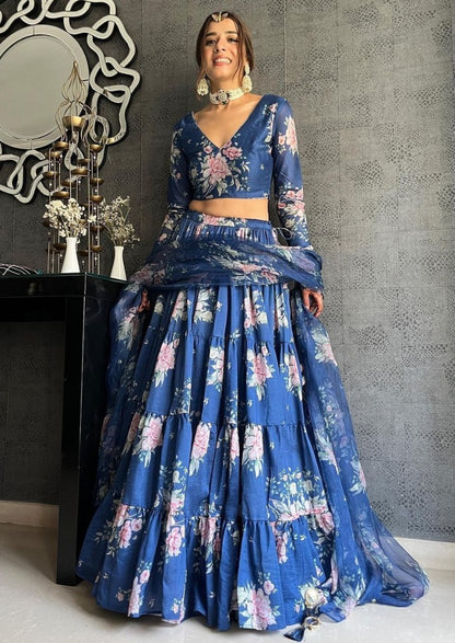 Blue georgette flower printed ruffle layer lehenga choli