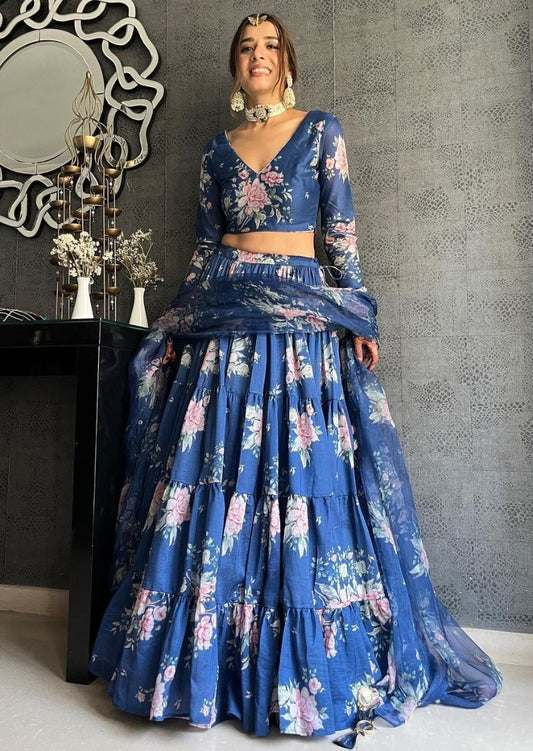Blue georgette flower printed ruffle layer lehenga choli