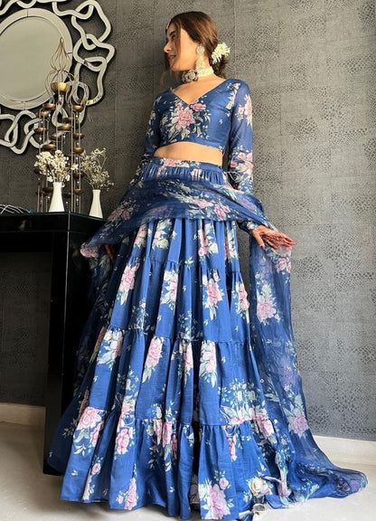 Blue georgette flower printed ruffle layer lehenga choli