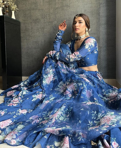 Blue georgette flower printed ruffle layer lehenga choli