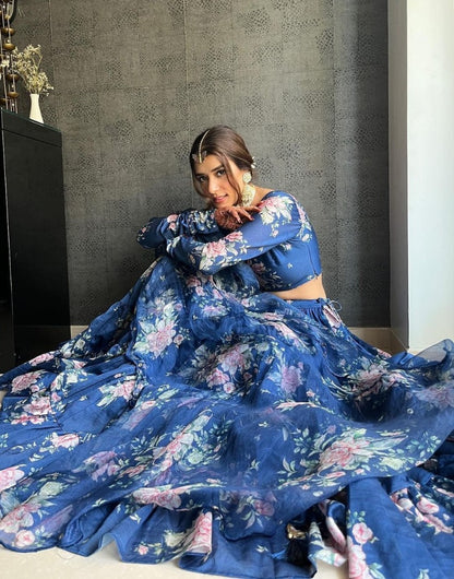 Blue georgette flower printed ruffle layer lehenga choli