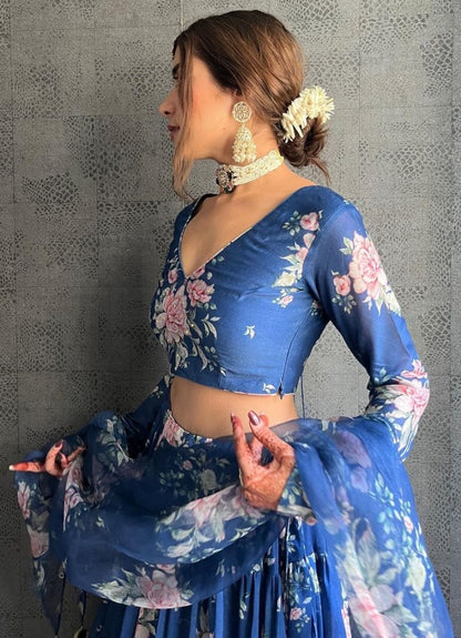Blue georgette flower printed ruffle layer lehenga choli