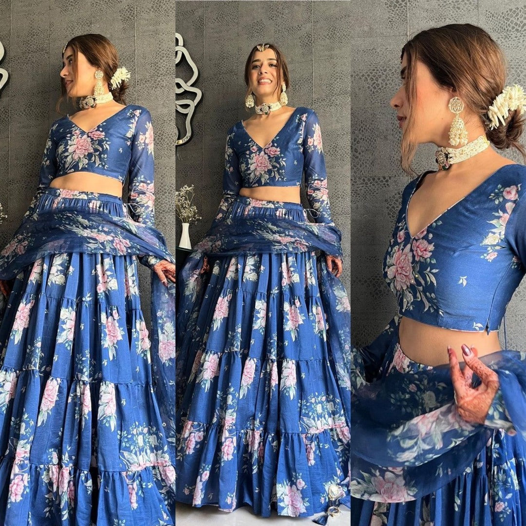 Blue georgette flower printed ruffle layer lehenga choli