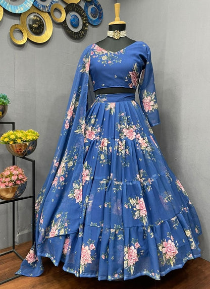Blue georgette flower printed ruffle layer lehenga choli