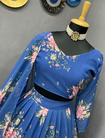 Blue georgette flower printed ruffle layer lehenga choli