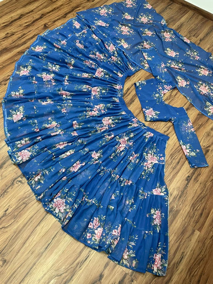 Blue georgette flower printed ruffle layer lehenga choli