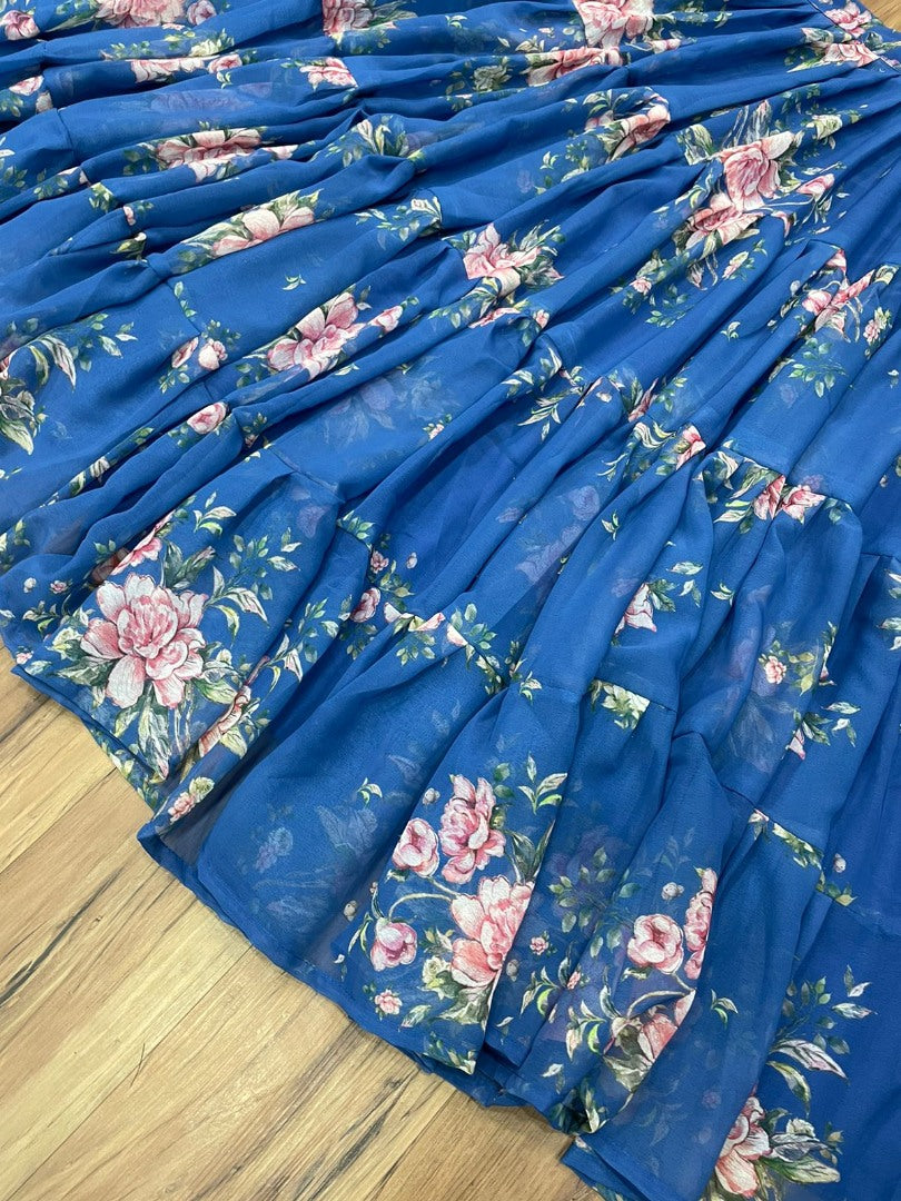 Blue georgette flower printed ruffle layer lehenga choli