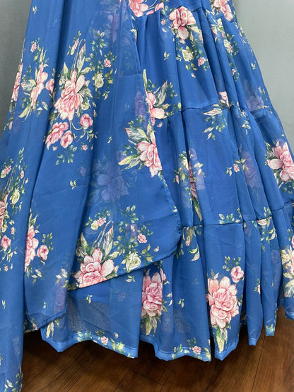 Blue georgette flower printed ruffle layer lehenga choli