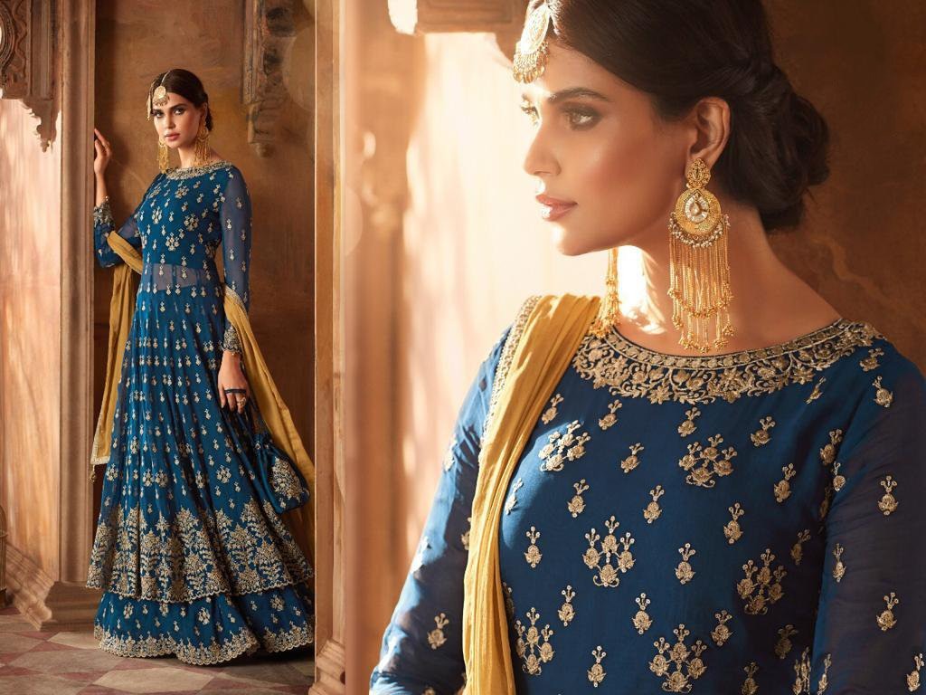 Blue georgette heavy embroidered long suit for wedding