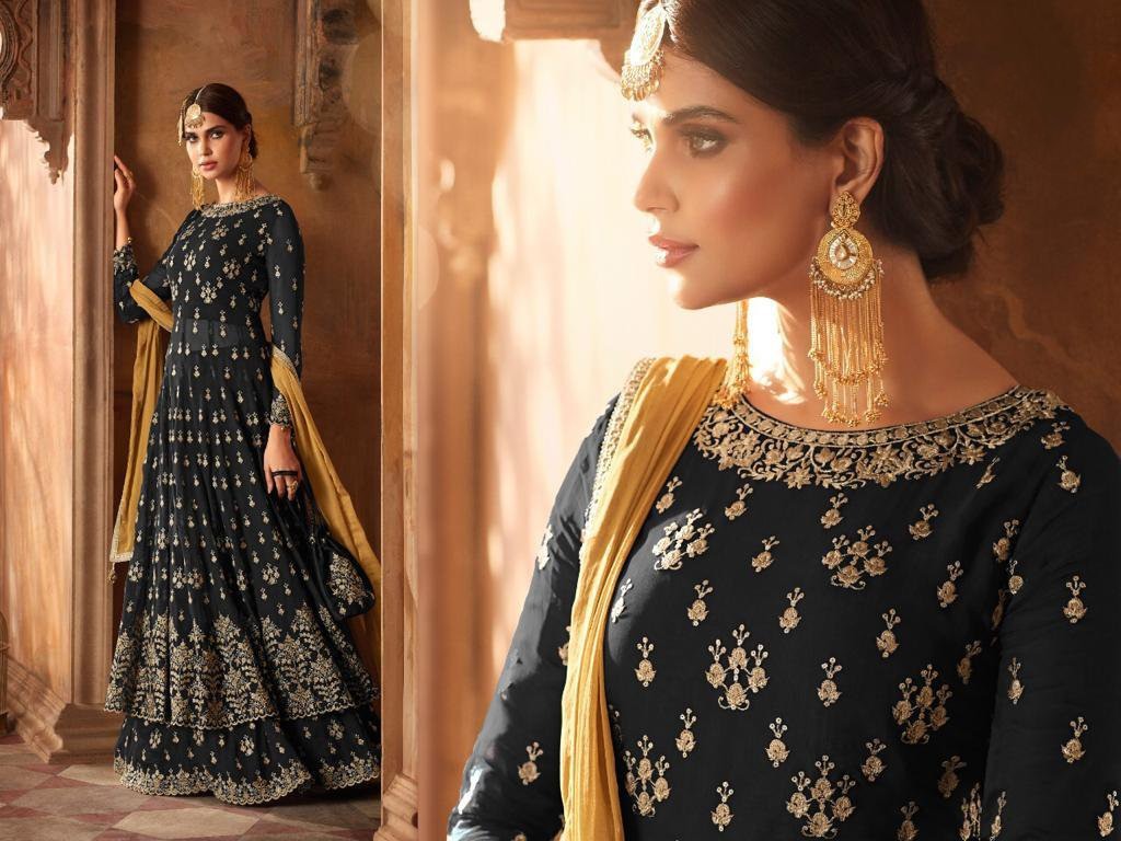 Blue georgette heavy embroidered long suit for wedding