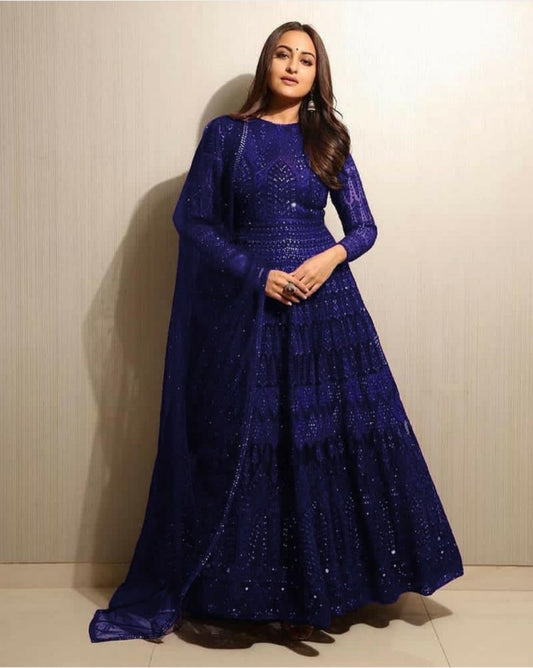 Blue georgette heavy embroidered wedding anarkali suit