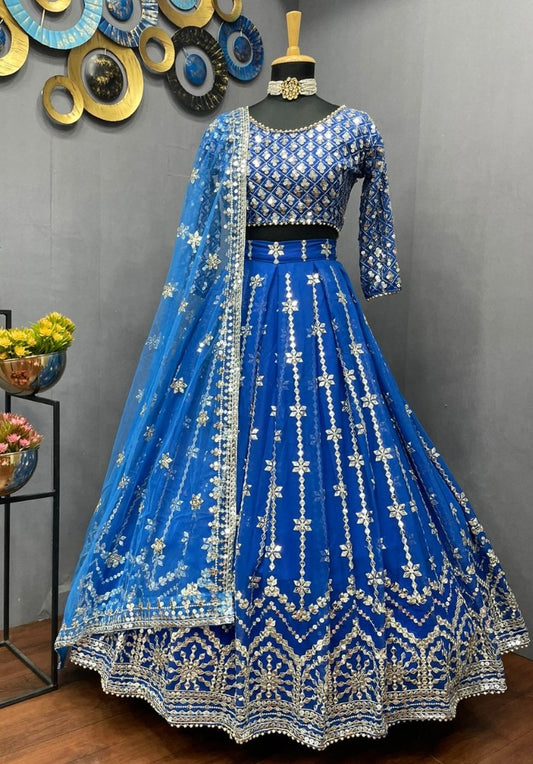 Blue georgette heavy embroidered wedding lehenga choli