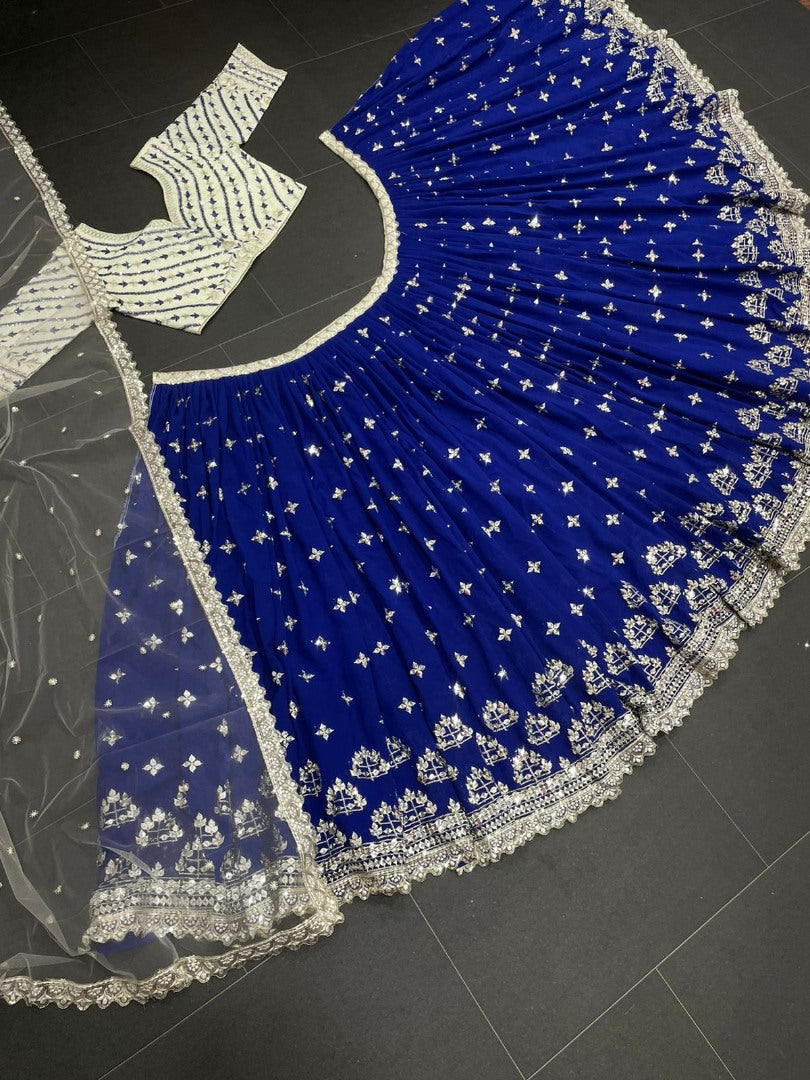 Blue georgette heavy embroidered wedding lehenga choli
