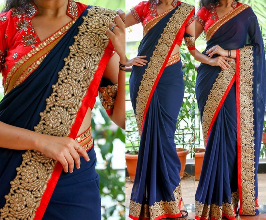 Blue georgette heavy embroidery border saree with blouse