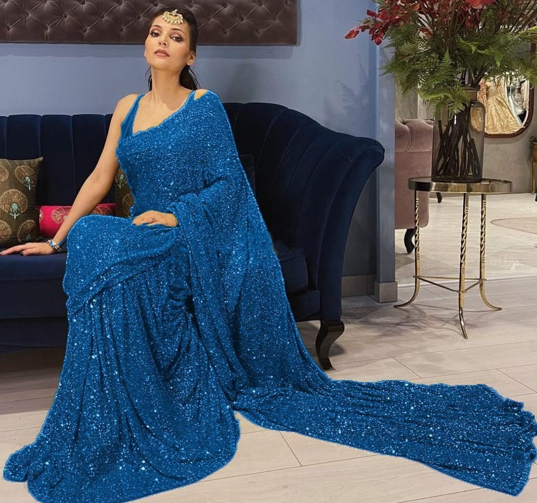 Blue georgette heavy sequence work party wear saree