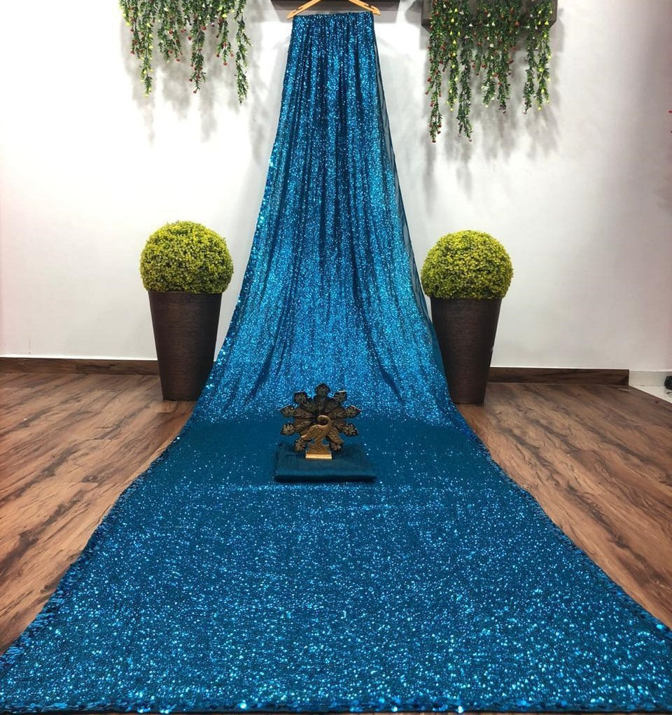 Blue georgette heavy sequence work party wear saree