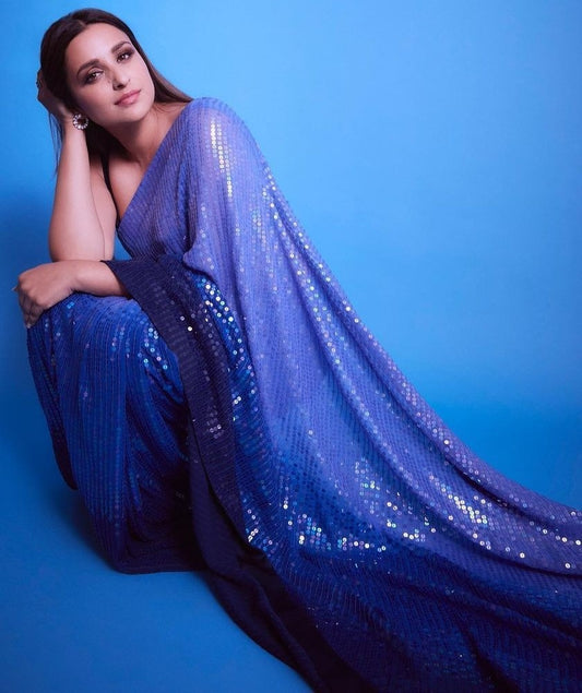 Blue georgette heavy sequence work partywear saree